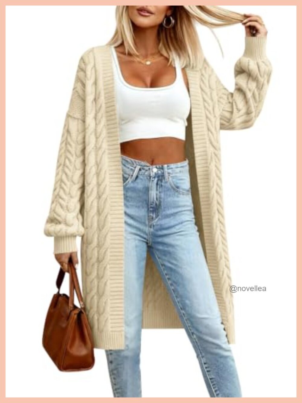Cable Knit Open Front Long Cardigan Sweater with Pockets
